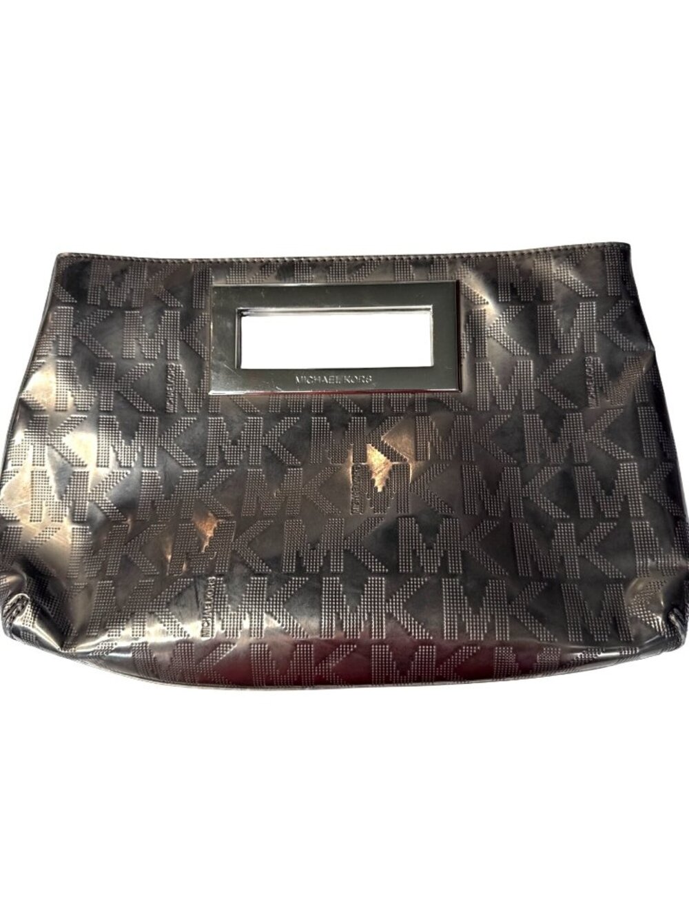 Michael Kors Brown Metallic Monogram Embossed Clutch Bag W/ Metal Cutout Handle